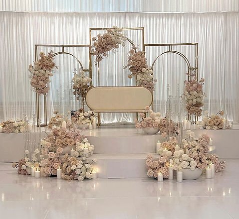 Event rental setup with coordinated furniture and decor