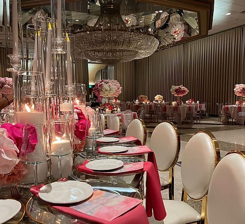 Elegant event decor and rental pieces arranged for a celebration